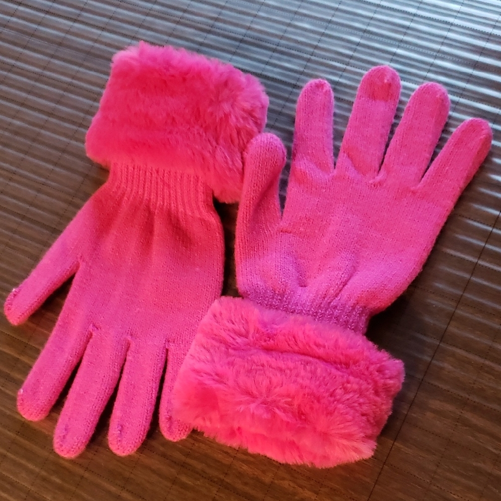 Pink Fuzzy Adult Gloves Knit Large